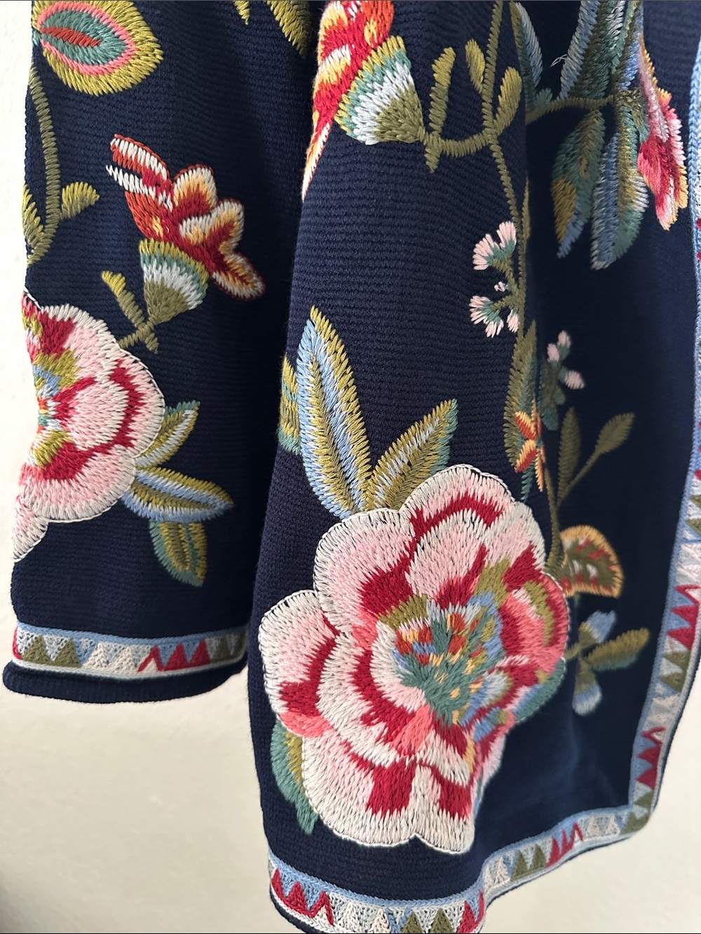 Johnny Was BIYA Draped Sweater Gillian Embroidered Floral Navy Cardigan NEW Med - Picture 6 of 11